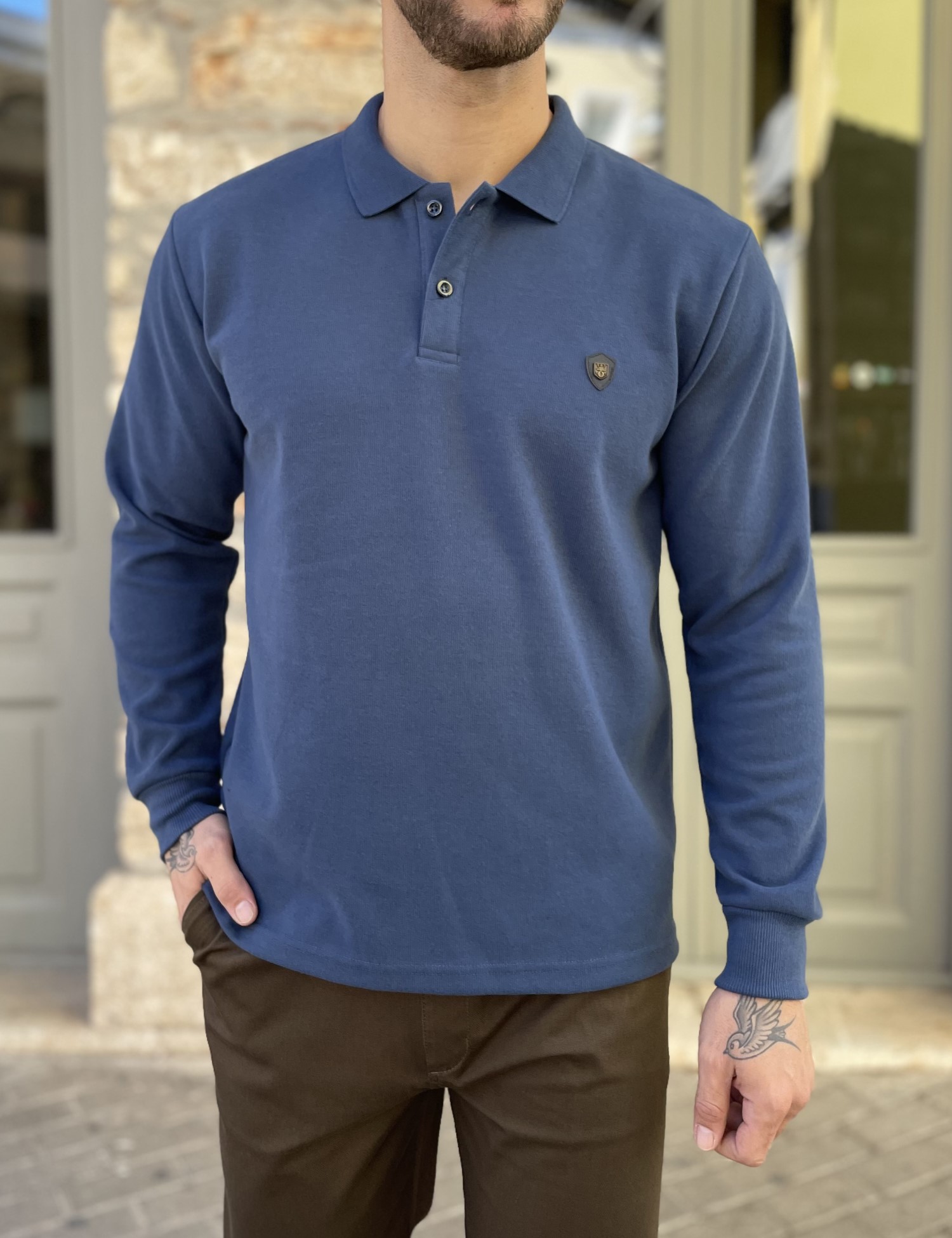 Everbest Everbest Ανδρική μπλε Indigo Polo μακρυμάνικη μπλούζα Plus size 261032I